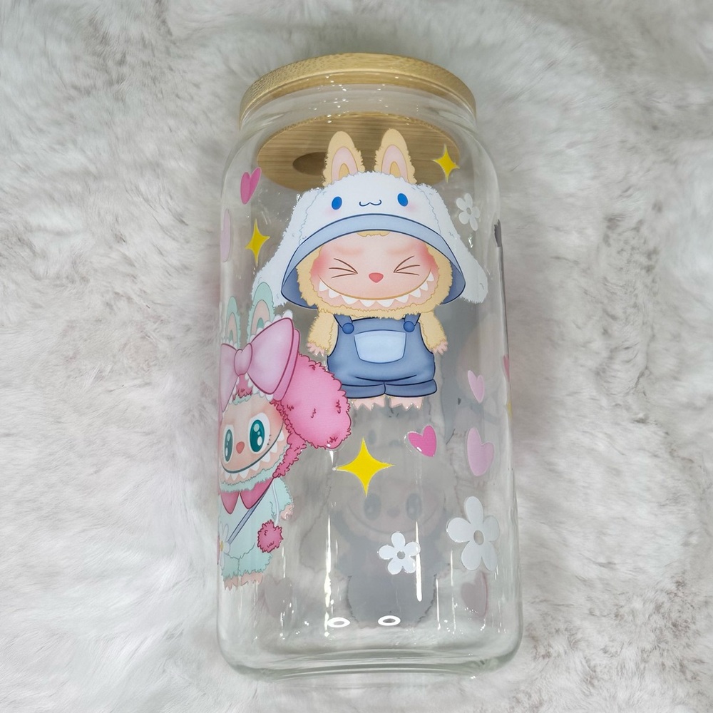 20oz tumbler cup Cute Labubu x hello kitty Glass Jar with Wooden Lid